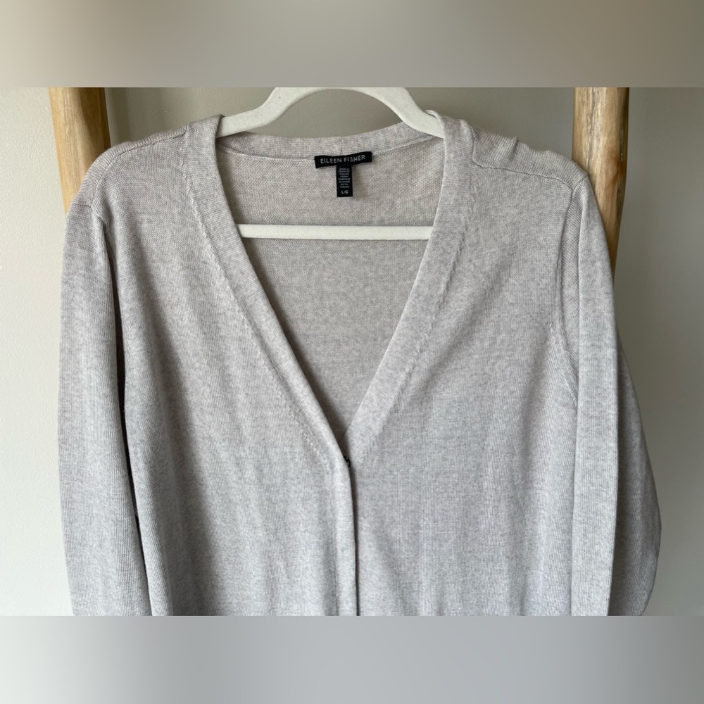 Eileen Fisher Fine Merino Wool Long V Neck Cardigan with Pockets Light Gray L - Picture 4 of 11